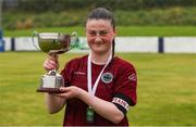 30 July 2023; Galway District League captain Niamh Donovan with the cup after the FAI Women's U19 Inter-League Cup match between North Tipperary Schoolchildrens Football League and Galway District League at Jackman Park in Limerick. Photo by Michael P Ryan/Sportsfile