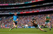 30 July 2023; Paddy Small of Dublin shoots to score his side's first goal despite the efforts of Paul Murphy of Kerry during the GAA Football All-Ireland Senior Championship final match between Dublin and Kerry at Croke Park in Dublin. Photo by Ramsey Cardy/Sportsfile