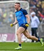 30 July 2023; Paddy Small of Dublin celebrates after scoring his side's first goal during the GAA Football All-Ireland Senior Championship final match between Dublin and Kerry at Croke Park in Dublin. Photo by David Fitzgerald/Sportsfile