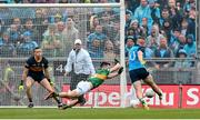 30 July 2023; Paddy Small of Dublin scores his side's first goal, despite pressure from Kerry's Paul Murphy , during the GAA Football All-Ireland Senior Championship final match between Dublin and Kerry at Croke Park in Dublin. Photo by Seb Daly/Sportsfile