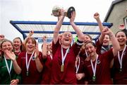 30 July 2023; Galway District League captain Niamh Donovan lifts the cup after the FAI Women's U19 Inter-League Cup match between North Tipperary Schoolchildrens Football League and Galway District League at Jackman Park in Limerick. Photo by Michael P Ryan/Sportsfile