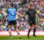 30 July 2023; Michael Fitzsimons of Dublin protests with referee David Gough during the GAA Football All-Ireland Senior Championship final match between Dublin and Kerry at Croke Park in Dublin. Photo by Eóin Noonan/Sportsfile