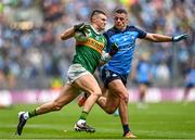 30 July 2023; Sean O'Shea of Kerry in action against Brian Howard of Dublin during the GAA Football All-Ireland Senior Championship final match between Dublin and Kerry at Croke Park in Dublin. Photo by Eóin Noonan/Sportsfile