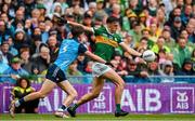 30 July 2023; David Clifford of Kerry in action against Michael Fitzsimons of Dublin during the GAA Football All-Ireland Senior Championship final match between Dublin and Kerry at Croke Park in Dublin. Photo by Seb Daly/Sportsfile