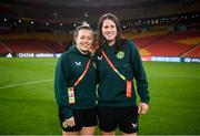30 July 2023; Harriet Scott and Niamh Fahey, right, during a Republic of Ireland stadium familiarisation at Brisbane Stadium in Brisbane, Australia, ahead of their final Group B match of the FIFA Women's World Cup 2023, against Nigeria. Photo by Stephen McCarthy/Sportsfile