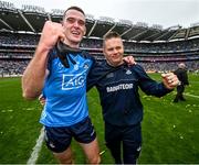 30 July 2023; Brian Fenton of Dublin with Dublin manager Dessie Farrell after the GAA Football All-Ireland Senior Championship final match between Dublin and Kerry at Croke Park in Dublin. Photo by David Fitzgerald/Sportsfile