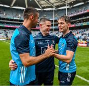 30 July 2023; Dublin players from left, James McCarthy, Stephen Cluxton and Michael Fitzsimons celebrate after the GAA Football All-Ireland Senior Championship final match between Dublin and Kerry at Croke Park in Dublin. Photo by Brendan Moran/Sportsfile