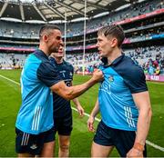 30 July 2023; Dublin players from left, James McCarthy, Stephen Cluxton and Michael Fitzsimons celebrate after the GAA Football All-Ireland Senior Championship final match between Dublin and Kerry at Croke Park in Dublin. Photo by Brendan Moran/Sportsfile