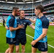 30 July 2023; Dublin players from left, James McCarthy, Stephen Cluxton and Michael Fitzsimons celebrate after the GAA Football All-Ireland Senior Championship final match between Dublin and Kerry at Croke Park in Dublin. Photo by Brendan Moran/Sportsfile