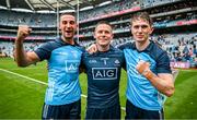 30 July 2023; Dublin nine time All Ireland medal winners from left, James McCarthy, Stephen Cluxton and Michael Fitzsimons celebrate after the GAA Football All-Ireland Senior Championship final match between Dublin and Kerry at Croke Park in Dublin. Photo by Brendan Moran/Sportsfile