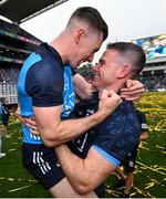 30 July 2023; Stephen Cluxton, right, and Lee Gannon of Dublin celebrate after the GAA Football All-Ireland Senior Championship final match between Dublin and Kerry at Croke Park in Dublin. Photo by David Fitzgerald/Sportsfile