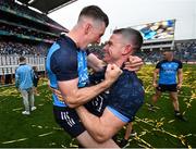 30 July 2023; Stephen Cluxton, right, and Lee Gannon of Dublin celebrate after the GAA Football All-Ireland Senior Championship final match between Dublin and Kerry at Croke Park in Dublin. Photo by David Fitzgerald/Sportsfile