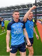 30 July 2023; Dublin players Lee Gannon, left, and Cormac Costello celebrate after their side's victory in the GAA Football All-Ireland Senior Championship final match between Dublin and Kerry at Croke Park in Dublin. Photo by Seb Daly/Sportsfile