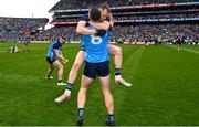 30 July 2023; Dublin players Brian Fenton, 8, and Dean Rock celebrate after their side's victory in the GAA Football All-Ireland Senior Championship final match between Dublin and Kerry at Croke Park in Dublin. Photo by Seb Daly/Sportsfile