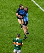 30 July 2023; Michael Fitzsimons of Dublin, left, and team-mate Jack McCaffrey celebrate after the GAA Football All-Ireland Senior Championship final match between Dublin and Kerry at Croke Park in Dublin. Photo by Daire Brennan/Sportsfile
