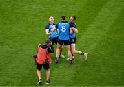 30 July 2023; Dublin players, left to right, Paddy Small, Brian Fenton, and Dean Rock, celebrate after the GAA Football All-Ireland Senior Championship final match between Dublin and Kerry at Croke Park in Dublin. Photo by Daire Brennan/Sportsfile