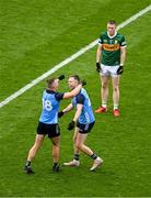30 July 2023; Dublin players, Ciaran Kilkenny, left, and Dean Rock, celebrate, near a dejected Jason Foley of Kerry after the GAA Football All-Ireland Senior Championship final match between Dublin and Kerry at Croke Park in Dublin. Photo by Daire Brennan/Sportsfile