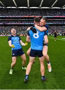 30 July 2023; Dublin players, from left, Paddy Small, Brian Fenton, 8, and Dean Rock celebrate after their side's victory in the GAA Football All-Ireland Senior Championship final match between Dublin and Kerry at Croke Park in Dublin. Photo by Seb Daly/Sportsfile
