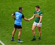 30 July 2023; Dublin captain James McCarthy shakes hands with Kerry captain David Clifford after the GAA Football All-Ireland Senior Championship final match between Dublin and Kerry at Croke Park in Dublin. Photo by Daire Brennan/Sportsfile