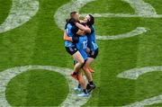30 July 2023; Dublin players, left to right, Con O'Callaghan, Niall Scully, and Brian Fenton, celebrate after the GAA Football All-Ireland Senior Championship final match between Dublin and Kerry at Croke Park in Dublin. Photo by Daire Brennan/Sportsfile