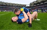 30 July 2023; Dublin players Paddy Small, left, and Dean Rock celebrate after their side's victory in the GAA Football All-Ireland Senior Championship final match between Dublin and Kerry at Croke Park in Dublin. Photo by Seb Daly/Sportsfile