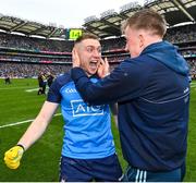 30 July 2023; Dublin players Paddy Small, left, and Seán Bugler celebrate after their side's victory in the GAA Football All-Ireland Senior Championship final match between Dublin and Kerry at Croke Park in Dublin. Photo by Seb Daly/Sportsfile