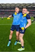 30 July 2023; Dublin players Cormac Costello, left, and Paddy Small celebrate after their side's victory in the GAA Football All-Ireland Senior Championship final match between Dublin and Kerry at Croke Park in Dublin. Photo by Seb Daly/Sportsfile