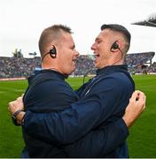 30 July 2023; Dublin manager Dessie Farrell, left, celebrates with selector Darren Daly after the GAA Football All-Ireland Senior Championship final match between Dublin and Kerry at Croke Park in Dublin. Photo by Ramsey Cardy/Sportsfile