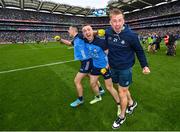 30 July 2023; Dublin players, from left, Cormac Costello, Paddy Small and Seán Bugler celebrate after their side's victory in the GAA Football All-Ireland Senior Championship final match between Dublin and Kerry at Croke Park in Dublin. Photo by Seb Daly/Sportsfile