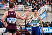 30 July 2023; Brian Fay of Raheny Shamrock AC, Dublin, right, is congratulated by  Cormac Dalton of Mullingar Harriers AC, Westmeath, after winning the men's 5000m during day two of the 123.ie National Senior Outdoor Championships at Morton Stadium in Dublin. Photo by Sam Barnes/Sportsfile