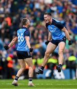 30 July 2023; Brian Fenton, right, and teammate Dean Rock of Dublin celebrate victory at the final whistle of the GAA Football All-Ireland Senior Championship final match between Dublin and Kerry at Croke Park in Dublin. Photo by Brendan Moran/Sportsfile