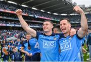 30 July 2023; Dublin players Lee Gannon, left, and Ross McGarry celebrate after their side's victory in the GAA Football All-Ireland Senior Championship final match between Dublin and Kerry at Croke Park in Dublin. Photo by Seb Daly/Sportsfile