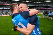 30 July 2023; Jack McCaffrey, left, and Ciaran Kilkenny of Dublin celebrate after the GAA Football All-Ireland Senior Championship final match between Dublin and Kerry at Croke Park in Dublin. Photo by Ramsey Cardy/Sportsfile