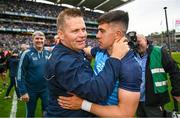 30 July 2023; Dublin manager Dessie Farrell, left, celebrates with Lorcan O'Dell after the GAA Football All-Ireland Senior Championship final match between Dublin and Kerry at Croke Park in Dublin. Photo by Ramsey Cardy/Sportsfile