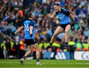 30 July 2023; Brian Fenton, right, and teammate Dean Rock of Dublin celebrate victory at the final whistle of the GAA Football All-Ireland Senior Championship final match between Dublin and Kerry at Croke Park in Dublin. Photo by Brendan Moran/Sportsfile