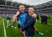 30 July 2023; Retiring Dublin GAA Chief Executive John Costello celebrates with his son Cormac Costello after the GAA Football All-Ireland Senior Championship final match between Dublin and Kerry at Croke Park in Dublin. Photo by David Fitzgerald/Sportsfile