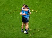 30 July 2023; Dublin players, Ryan Basquel, left, and Eoin Murchan, celebrate after the GAA Football All-Ireland Senior Championship final match between Dublin and Kerry at Croke Park in Dublin. Photo by Daire Brennan/Sportsfile