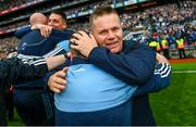 30 July 2023; Dublin manager Dessie Farrell celebrates after the GAA Football All-Ireland Senior Championship final match between Dublin and Kerry at Croke Park in Dublin. Photo by Ramsey Cardy/Sportsfile