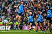 30 July 2023; Brian Fenton of Dublin, centre, celebrates victory at the final whistle of the GAA Football All-Ireland Senior Championship final match between Dublin and Kerry at Croke Park in Dublin. Photo by Brendan Moran/Sportsfile