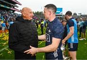 30 July 2023; Dublin goalkeeper Stephen Cluxton, right, with former Dublin player and manager Mickey Whelan after the GAA Football All-Ireland Senior Championship final match between Dublin and Kerry at Croke Park in Dublin. Photo by Ramsey Cardy/Sportsfile