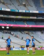 30 July 2023; Dublin players, from left, James McCarthy, Dean Rock and Michael Fitzsimons after the GAA Football All-Ireland Senior Championship final match between Dublin and Kerry at Croke Park in Dublin. Photo by Ramsey Cardy/Sportsfile