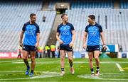 30 July 2023; Dublin players, from left, James McCarthy, Dean Rock and Michael Fitzsimons after the GAA Football All-Ireland Senior Championship final match between Dublin and Kerry at Croke Park in Dublin. Photo by Ramsey Cardy/Sportsfile