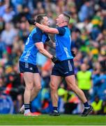 30 July 2023; Dublin players Dean Rock and Ciaran Kilkenny begin the celebrations after the final whistle of the GAA Football All-Ireland Senior Championship final match between Dublin and Kerry at Croke Park in Dublin. Photo by Ray McManus/Sportsfile