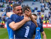 30 July 2023; Dublin players James McCarthy, left, and Stephen Cluxton celebrate after their side's victory in the GAA Football All-Ireland Senior Championship final match between Dublin and Kerry at Croke Park in Dublin. Photo by Piaras Ó Mídheach/Sportsfile
