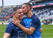 30 July 2023; Dublin players Stephen Cluxton, left, and James McCarthy celebrate after their side's victory in the GAA Football All-Ireland Senior Championship final match between Dublin and Kerry at Croke Park in Dublin. Photo by Piaras Ó Mídheach/Sportsfile