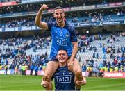 30 July 2023; Dublin players Stephen Cluxton and James McCarthy, 5, celebrate after their side's victory in the GAA Football All-Ireland Senior Championship final match between Dublin and Kerry at Croke Park in Dublin. Photo by Piaras Ó Mídheach/Sportsfile