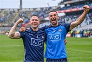 30 July 2023; Dublin players Stephen Cluxton, left, and James McCarthy celebrate after their side's victory in the GAA Football All-Ireland Senior Championship final match between Dublin and Kerry at Croke Park in Dublin. Photo by Piaras Ó Mídheach/Sportsfile