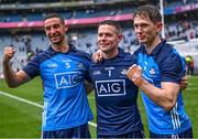 30 July 2023; Dublin players, from left, James McCarthy, Stephen Cluxton and Michael Fitzsimons celebrate after their side's victory in the GAA Football All-Ireland Senior Championship final match between Dublin and Kerry at Croke Park in Dublin. Photo by Piaras Ó Mídheach/Sportsfile