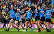 30 July 2023; Dublin players, from left, Brian Fenton, Cian Murphy. Lorcan O'Dell, Niall Scully, Con O'Callaghan, Brian Howard and Ross McGarry celebrate victory at the final whistle of the GAA Football All-Ireland Senior Championship final match between Dublin and Kerry at Croke Park in Dublin. Photo by Brendan Moran/Sportsfile