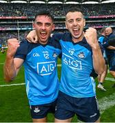 30 July 2023; Niall Scully, left, and Cormac Costello of Dublin celebrate after the GAA Football All-Ireland Senior Championship final match between Dublin and Kerry at Croke Park in Dublin. Photo by Ramsey Cardy/Sportsfile